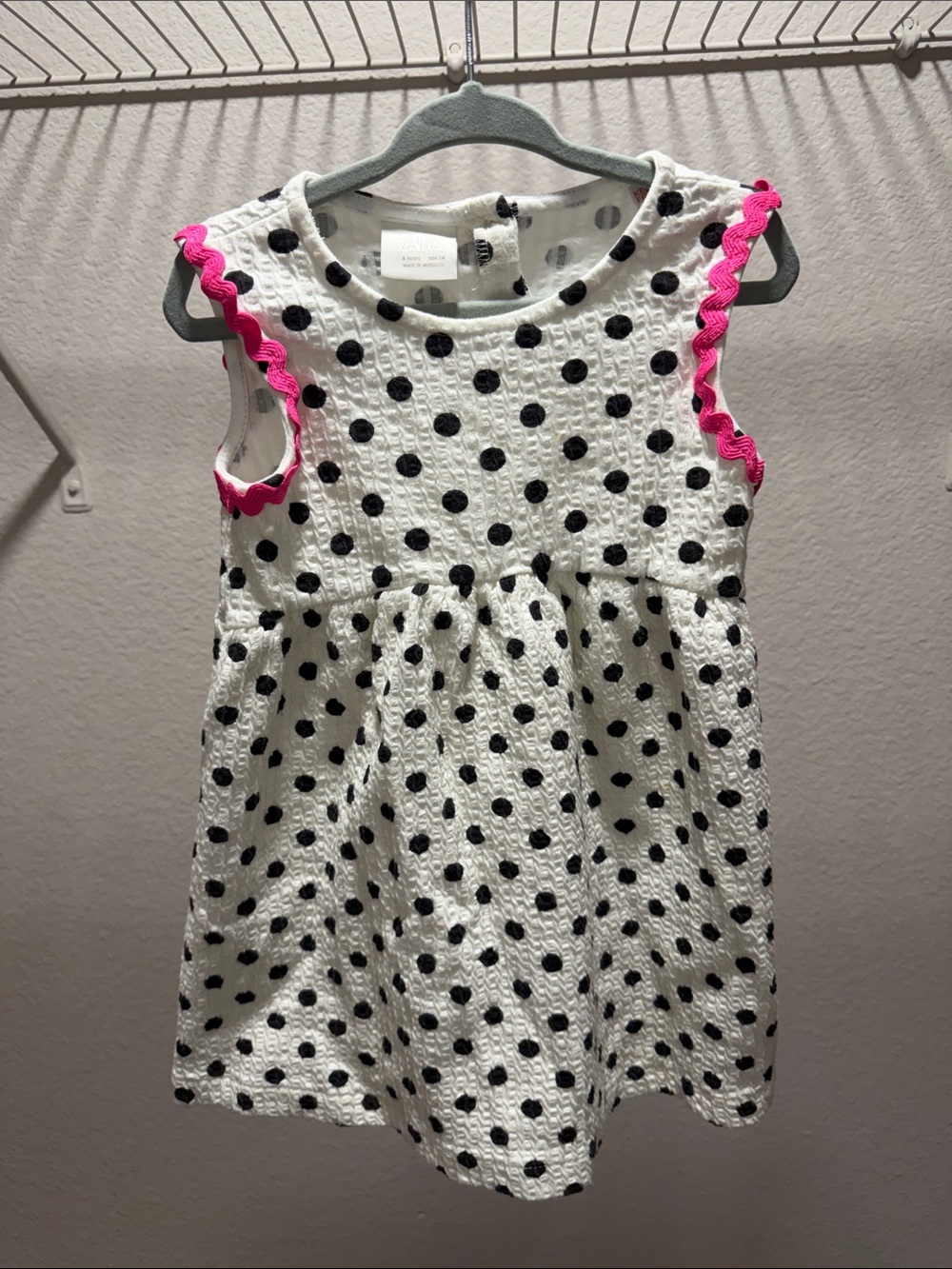 Zara Toddler/Girl White Polka Dot Dress with Black Spots and Pink Trim Size 4T